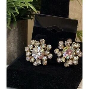 Vtg Snowflake Clip Earrings Amber Color Crystal  Stacked Rhinestone Gold tone